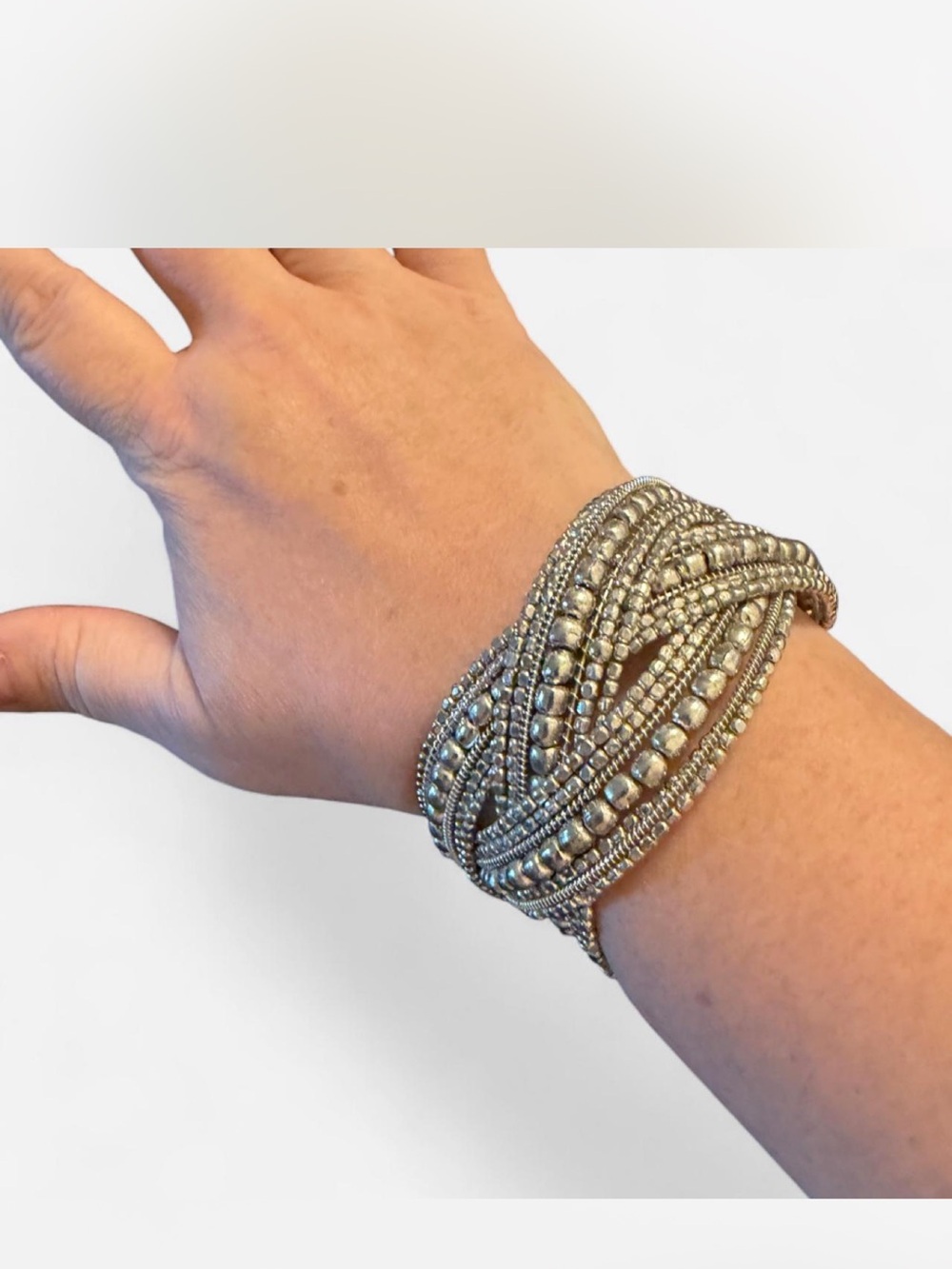 Metallic Beaded Multi-Strand Cuff Bracelet - Silver
